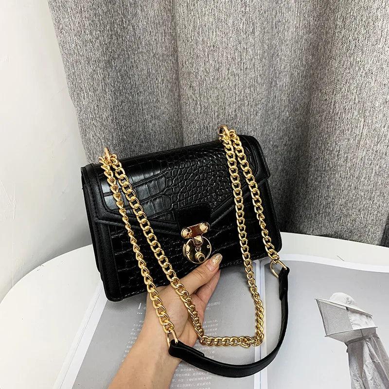Vintage Crocodile Pattern Lock Shoulder Bag Women Crossbody Bag