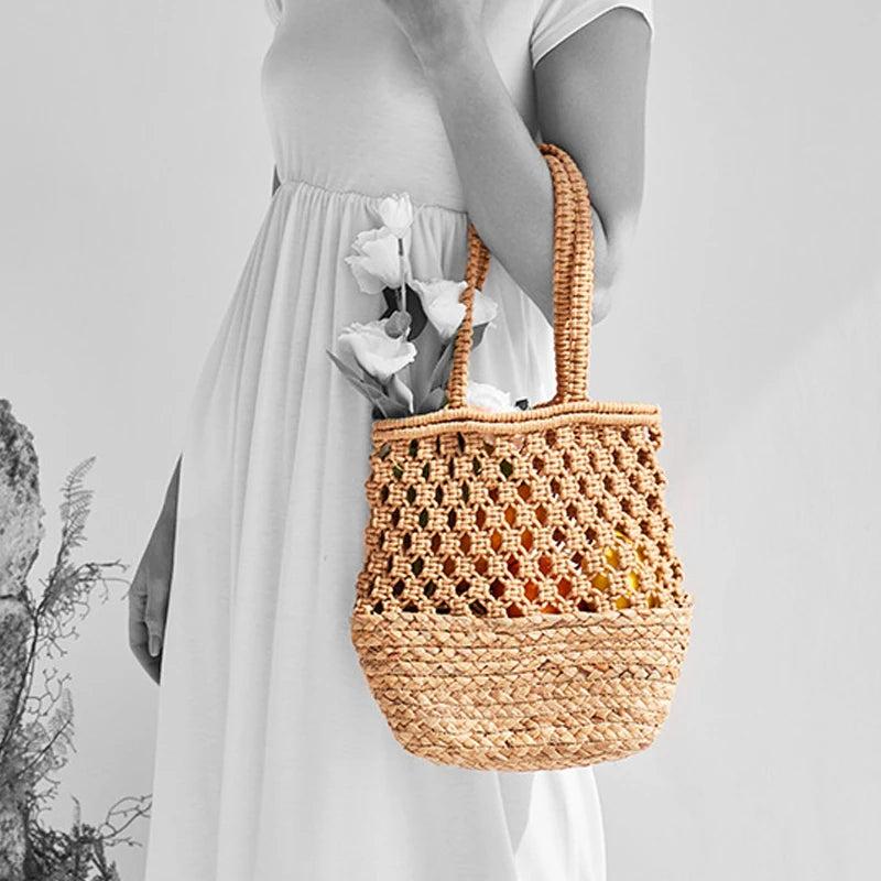 Casual Large Capacity Woven Women Bags Hollow Rope Handbags Rattan Lady Beach Ba