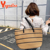 Summer Large Capacity Straw Bags Stripe Totes Bag Travel Vacation Beach Bags