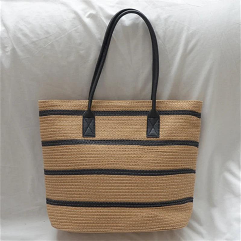 Summer Large Capacity Straw Bags Stripe Totes Bag Travel Vacation Beach Bags