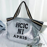 Leopard Sequin Women Handbag High-capacity Travel Bag Letter Large Shoulder Bag