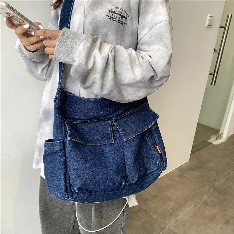 Y2K Denim Jeans Fabric School Book Laptop Shoulder Bag