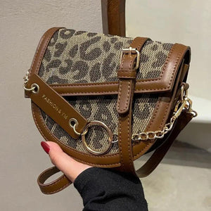 Vintage Leopard Print Chain Saddle Bag for Women