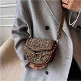 Vintage Leopard Print Chain Saddle Bag for Women