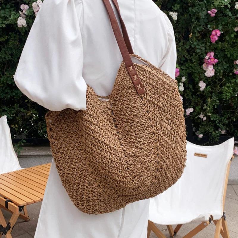 Bohemian Rattan Straw Shoulder Handbag High Capacity Tote Bag