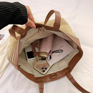 Linen Woven Tote Bag for Women Large Capacity Shoulder Handbag Travel Purse