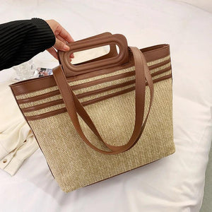 Linen Woven Tote Bag for Women Large Capacity Shoulder Handbag Travel Purse