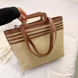 Linen Woven Tote Bag for Women Large Capacity Shoulder Handbag Travel Purse