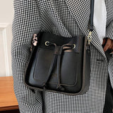 Square Bucket Bag Women PU Leather Crossbody Handbag Drawstring Shoulder