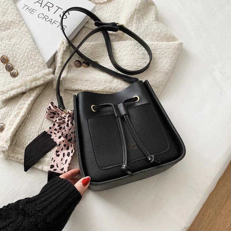 Square Bucket Bag Women PU Leather Crossbody Handbag Drawstring Shoulder
