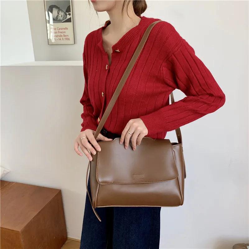 Vintage Women Shoulder Bag PU Leather Handbags Big Totes Solid Ladies Hand Bag