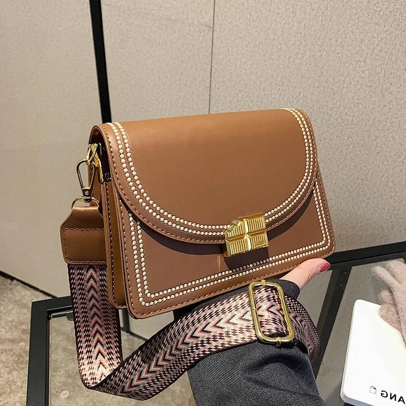 Vintage Small PU Leather Women Shoulder Bag with Wide Strap