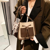 Square Bucket Bag Women PU Leather Crossbody Handbag Retro Drawstring Shoulder