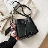 Square Bucket Bag Women PU Leather Crossbody Handbag Retro Drawstring Shoulder