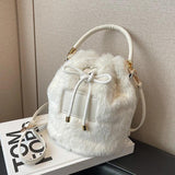 Furry Fluffy Drawstring Bucket Bag Soft Plush Handbag Tote