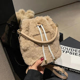 Furry Fluffy Drawstring Bucket Bag Soft Plush Handbag Tote