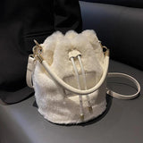 Furry Fluffy Drawstring Bucket Bag Soft Plush Handbag Tote