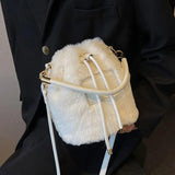Furry Fluffy Drawstring Bucket Bag Soft Plush Handbag Tote