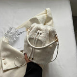 Furry Fluffy Drawstring Bucket Bag Soft Plush Handbag Tote