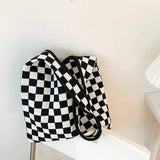 Vintage Chessboard Plaid Woolen Handbag Lady Strips Big Capacity Shoulder Bag
