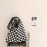 Vintage Chessboard Plaid Woolen Handbag Lady Strips Big Capacity Shoulder Bag