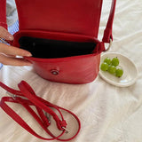 Red Leather Women Shoulder Bag Flap Cover Bucket Crossbody Bag Beige