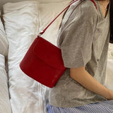 Red Leather Women Shoulder Bag Flap Cover Bucket Crossbody Bag Beige