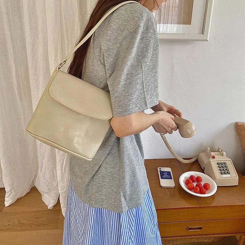 Red Leather Women Shoulder Bag Flap Cover Bucket Crossbody Bag Beige