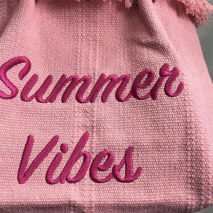 Pink Embroidered Women's Tote Bag with Woven Shoulder Strap