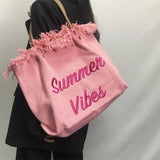 Pink Embroidered Women's Tote Bag with Woven Shoulder Strap