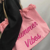 Pink Embroidered Women's Tote Bag with Woven Shoulder Strap