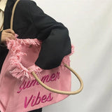 Pink Embroidered Women's Tote Bag with Woven Shoulder Strap