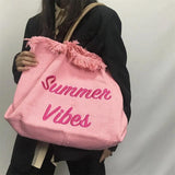 Pink Embroidered Women's Tote Bag with Woven Shoulder Strap