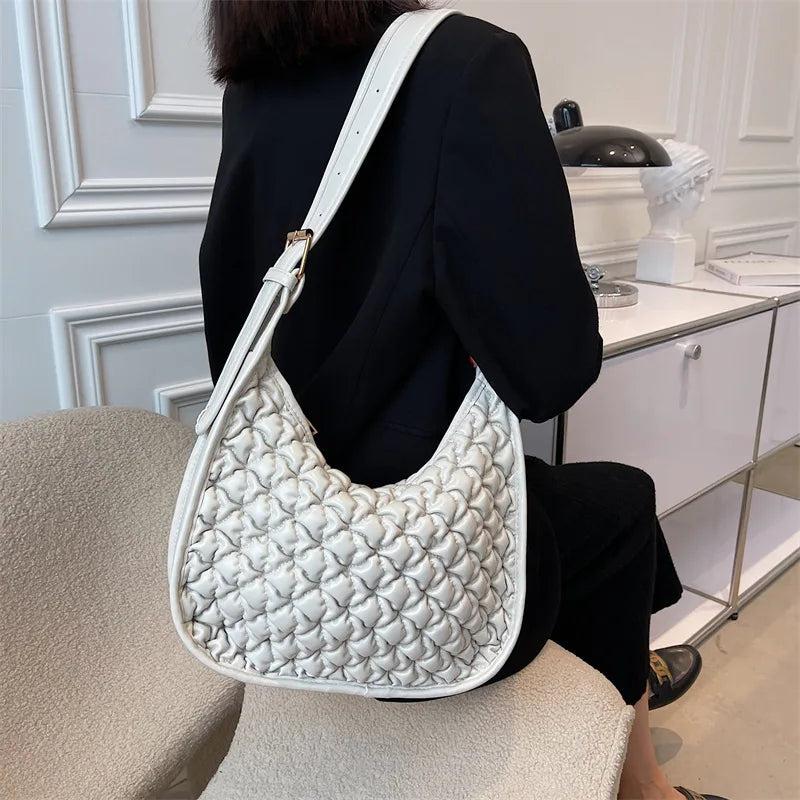 Ruched Axillary Bag PU Leather Handbag Wide Strap Crossbody Bag