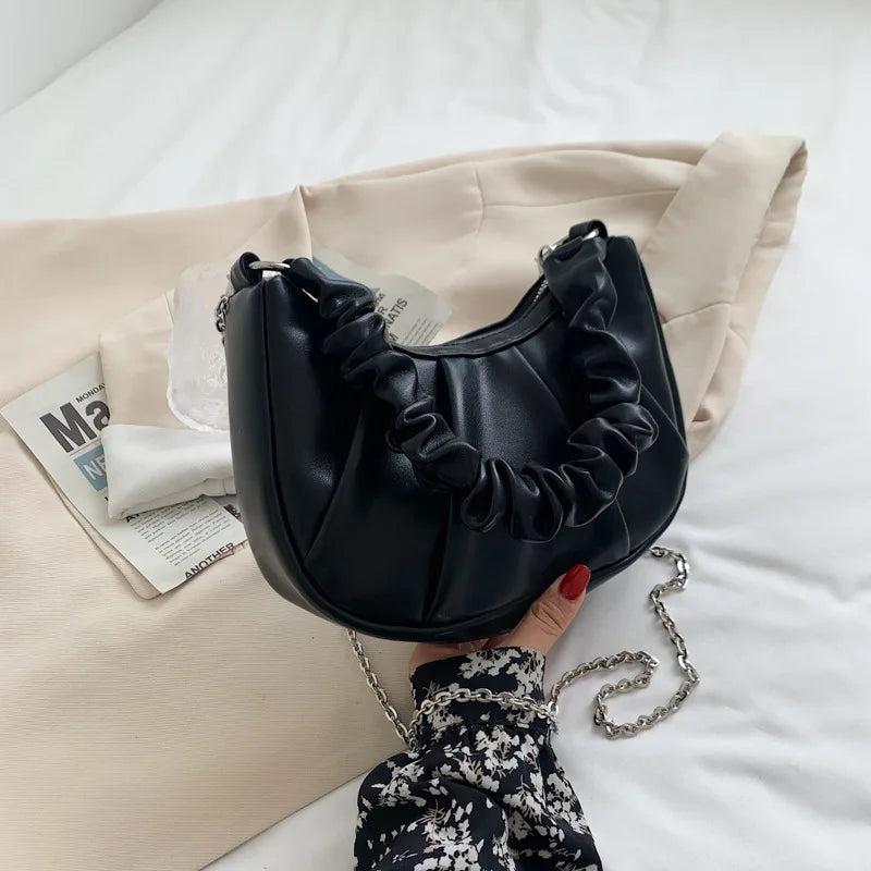 Pleated Handle Ladies Handbag Small Soft Pu Leather Shoulder Bag