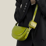 Vintage Oil Wax Skin Semicircle Saddle Bag Small Lady Shoulder Bag Green