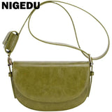 Vintage Oil Wax Skin Semicircle Saddle Bag Small Lady Shoulder Bag Green