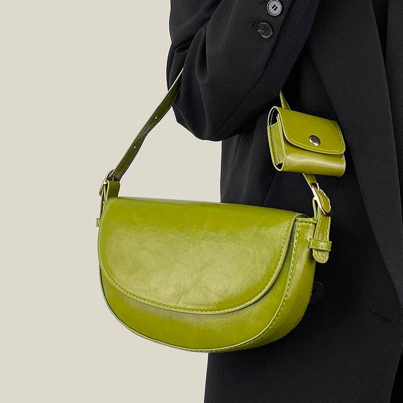 Vintage Oil Wax Skin Semicircle Saddle Bag Small Lady Shoulder Bag Green