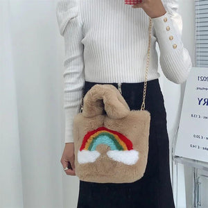 Rainbow Plush Bag Women's Handbag Faux Fur Large Tote Bag