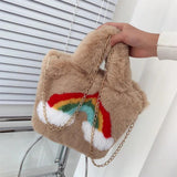 Rainbow Plush Handbag Large Tote Chain Shoulder Bag