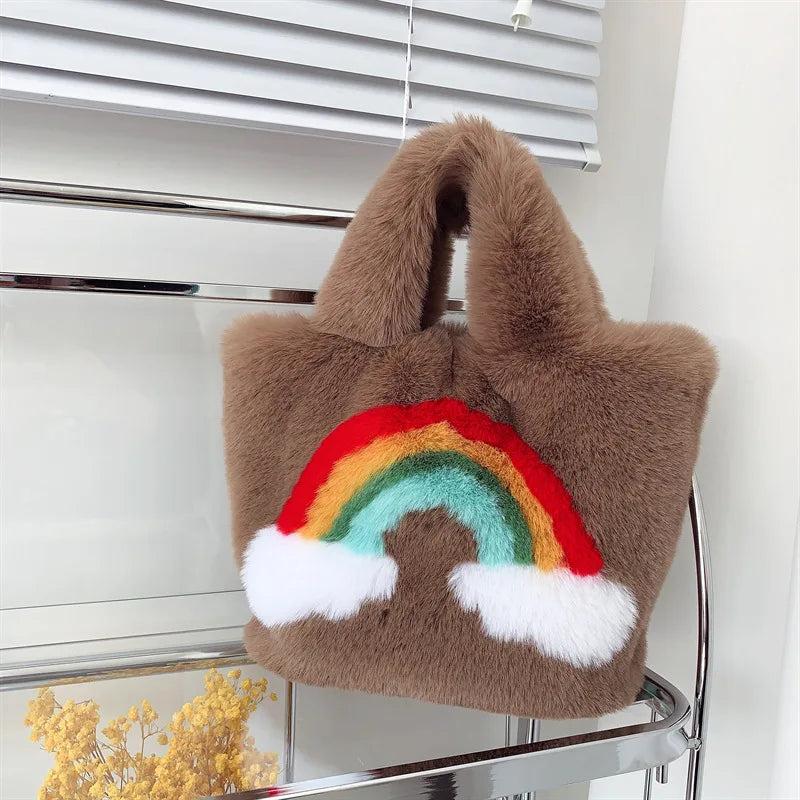 Rainbow Plush Handbag Large Tote Chain Shoulder Bag