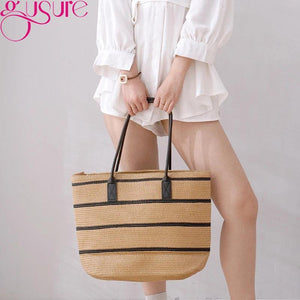 Straw Stripe Woven Totes Bag Large Capacity Summer Handbag Travel Shoulder Bag