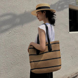 Summer Straw Bag Women Stripe Totes Large Capacity Beach Handbags