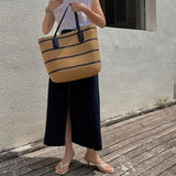 Summer Straw Bag Women Stripe Totes Large Capacity Beach Handbags