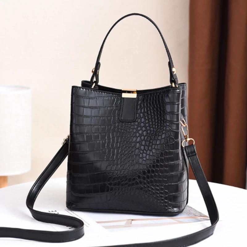 Women Handbag PU Leather Bucket Bag Stone Pattern Shoulder Messenger Bag