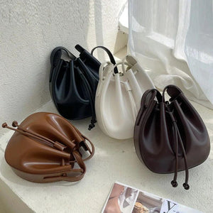 Pleated Bucket Bag Drawstring Women Handbag Shoulder Messenger Bag