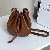 Pleated Bucket Bag Drawstring Women Handbag Shoulder Messenger Bag