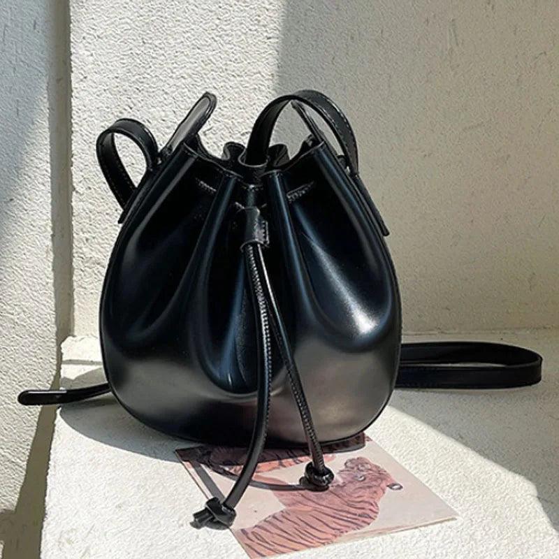 Pleated Bucket Bag Drawstring Women Handbag Shoulder Messenger Bag