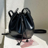 Pleated Bucket Bag Drawstring Women Handbag Shoulder Messenger Bag