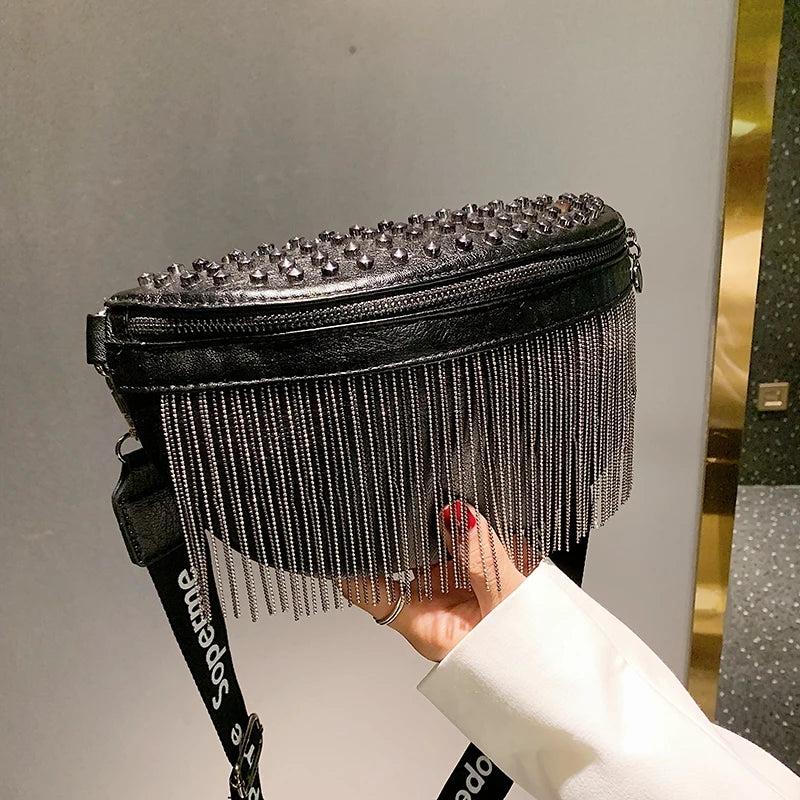 Leather Crossbody Bags Rivet Shoulder Handbag Metal Tassel Saddle Bags